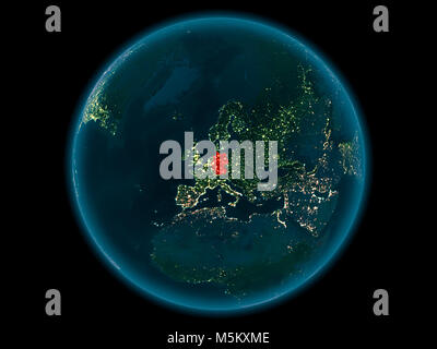 Night above Germany highlighted in red on model of planet Earth in space. 3D illustration. Elements of this image furnished by NASA. Stock Photo