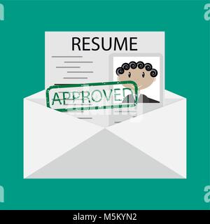 Letter with approved resume. Business resume letter, success job, vector cv approved illustration Stock Vector