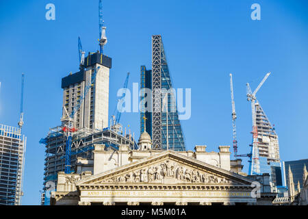 London EC3: 22 Bishopsgate, the Cheesegrater and the Scalpel rise behind the Royal Exchange, seen from Cornhill/Threadneedle Street junction Stock Photo
