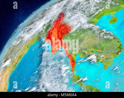 Country of Myanmar in red on planet Earth with atmosphere. 3D illustration. Elements of this image furnished by NASA. Stock Photo