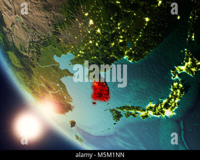 Satellite view of South Korea highlighted in red on planet Earth at ...