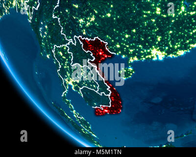 Map of Vietnam in red as seen from space on planet Earth at night with white borderlines and city lights. 3D illustration. Elements of this image furn Stock Photo