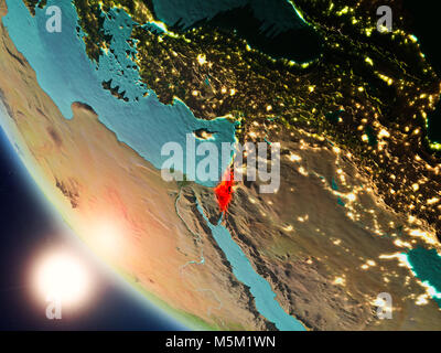 Satellite view of Israel highlighted in red on planet Earth with visible country borders during sunset. 3D illustration. Elements of this image furnis Stock Photo