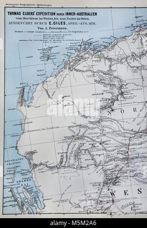 1876 Petermann Mittheilungen Map Thomas Elders' Expedition through the interior of Australia Stock Photo