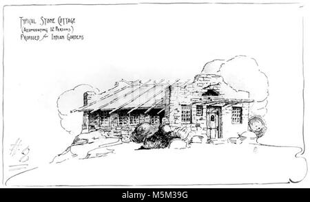 Grand Canyon Historic Mary Colter Drawing of Indian Gardens . MARY COLTER DRAWING OF PROPOSED INDIAN GARDEN STONE COTTAGE (TO ACCOMODATE 12 PERSONS) GRCA 28344  Grand Canyon National Park Stock Photo