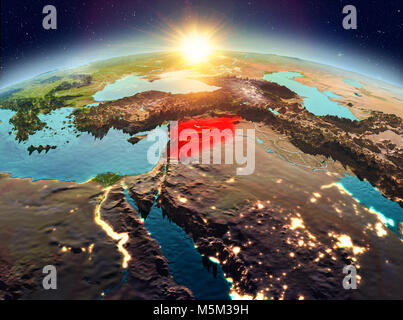 Syria during sunrise highlighted in red on planet Earth with visible ...