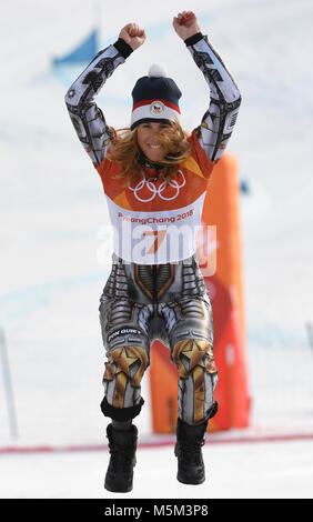 Pyeongchang, South Korea. 24th Feb, 2018. Czech snowboarder Ester Ledecka wins gold at the women's parallel giant slalom at Medal Plaza in Pyeongchang, South Korea, 24 February 2018. Credit: Angelika Warmuth/dpa/Alamy Live News Stock Photo