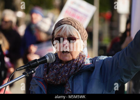 Speakers Linda Tuff at Occupy E17 Market Square demand for affordable homes + no land grab against greedy housing development to build a tower block it cost three time of  minimum wages to lives there. Protestors demand affordable housing and rent control of greedy landlord on 24 Feb 2018 in Walthamstow square, London, UK. Credit: See Li/Alamy Live News Stock Photo