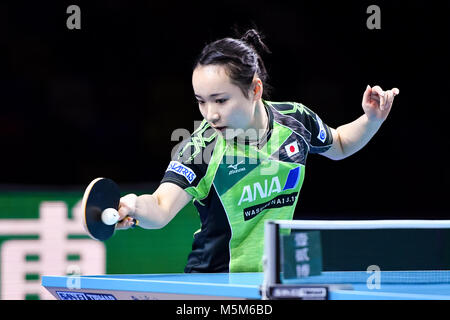 London, UK, 24 Feb 2018. Mima Ito and Hina Hayata of Japan  during International Table Tennis Federation Team World Cup - Women's Semi-Final match between Kim Nam Hae and Cha Hyo Sim of DPR Korea at Copper Box Arena . Credit: Taka G Wu Stock Photo