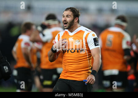 Swansea,  Wales, UK. 24th February, 2018. Niel Marais of the Cheetahs. Guinness Pro14 rugby match, Ospreys v Toyota Cheetahs at the Liberty Stadium in Swansea, South Wales on Saturday 24th February 2018.pic by Andrew Orchard/Alamy Live News Stock Photo