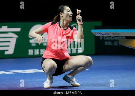 London, UK. 24th Feb, 2018. Ding Ning of China competes against Ng Wing Nam of China's Hong Kong in the semifinal during the ITTF Team World Cup at the Copper Box Arena in London, Britain on Feb. 24, 2018. Credit: Tim Ireland/Xinhua/Alamy Live News Stock Photo