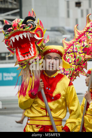 Christchurch, Canterbury, New Zealand. 25th Feb, 2018. The Chinese New Year of the Dog is celebrated with a parade featuring pandas, dragons, lions and other colourful costumes. Credit: PJ Heller/ZUMA Wire/Alamy Live News Stock Photo