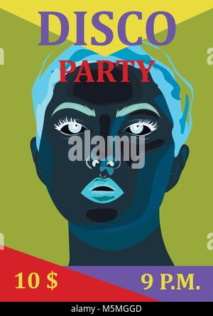 retrowave girl portrait , disco party poster or flyer for nicht club Stock Vector