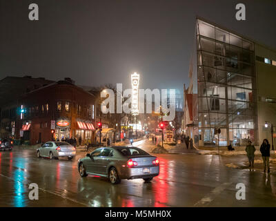 Night scene on State Street state capitol in background. Madison Museum of Contemporary Art at right. Downtown Madison, Wisconsin, Stock Photo