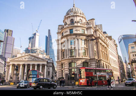 Royal Exchange (left) shopping centre with the famous sky scrapers of the 'Cheese Grater' (mid left) and 'Walkie Talkie' (Extreme right). London. Stock Photo