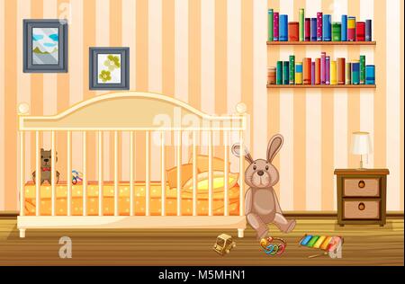 Bedroom scene with babycot and kid items illustration Stock Vector