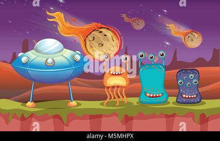 Three aliens and UFO on planet illustration Stock Vector