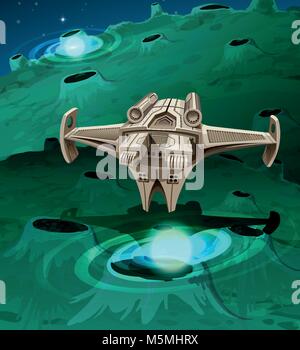 Modern spaceship flying around the planet illustration Stock Vector