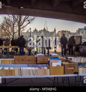 Second hand and antique book market under Waterloo Bridge in the Southbank area of London.