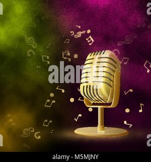 Karaoke party background with  gold retro microphone. Stock Vector