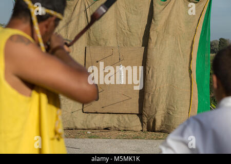 Man Shooting Arrow on Target, Training with the Bow. Stock Photo