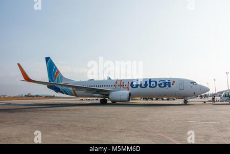 KATHMANDU, NEPAL - CIRCA JANUARY 2018: A Flydubai Boeing 737-800 at Tribhuvan International Airport. Flydubai is a government-owned low-cost airline. Stock Photo