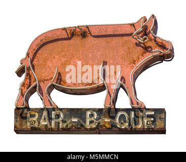 Isolated Grungy Rustic Old Neon Pig Sign For A Bar-B-Que (Barbecue) Diner Stock Photo