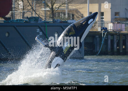 Predator Adventures offering thrill-rides in their Seabreacher Watercraft Killer Whale submersible speedboat in Royal Victoria Dock London Stock Photo