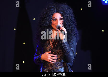 Tania Alboni performing  her Cher tribute act during The Ultimate Tribute Show at Swillington Miners Welfare Club in Leeds Stock Photo