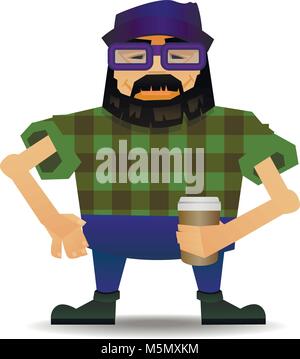 Vector of a bearded cartoon hipster dressed in a plaid shirt , glasses and hat, holding a coffee. Stock Vector