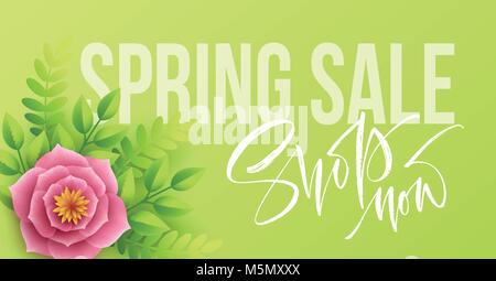 Spring sale banner with paper flowers and calligraphy lettering. Vector illustration Stock Vector