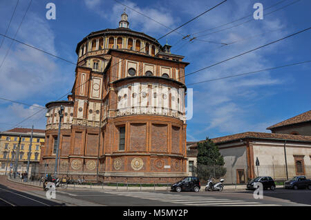 Milan, Italy - May 07, 2013. Street view and the back of the church of Santa Maria delle Grazie, in the city center of Milan, a large and modern city Stock Photo