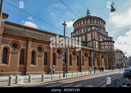 Milan, Italy - May 07, 2013. Street view and the side of the church of Santa Maria delle Grazie, in the city center of Milan, a large and modern city. Stock Photo