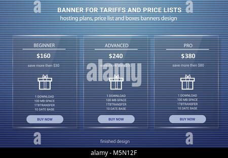 Price list, hosting plans and web boxes banners design. three tariffs. Stock Vector