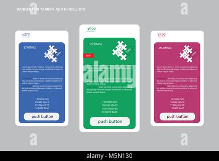 Banner for tariffs, a set of pricing tables, puzzle Stock Vector