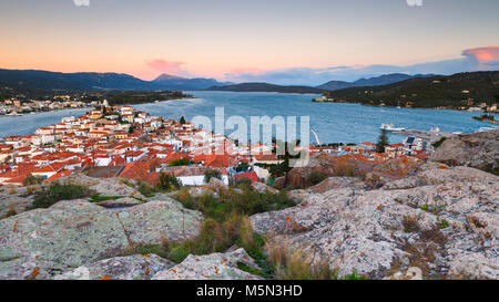 View of Poros island and Galatas village in Peloponnese, Greece. Stock Photo