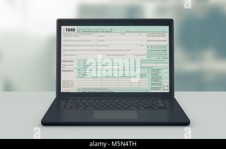 front view of a computer laptop with a tax form on screen, concept of online tax filing (3d render) Stock Photo