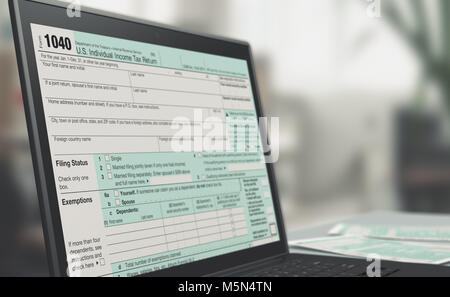 closeup of a computer laptop with a tax form on screen, concept of online tax filing (3d render) Stock Photo