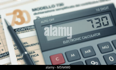 close up of an electronic calculator with the number 730 on screen and a tax form on background, concept of italian tax (3d render) Stock Photo