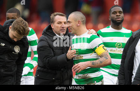 Celtic's manager Brendan Rodgers with captain Scott Brown after the Scottish Premiership match at Pittodrie Stadium, Abderdeen. Stock Photo