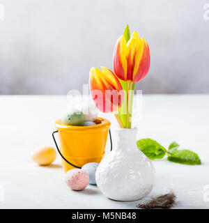 Easter composition with spring tulips Stock Photo