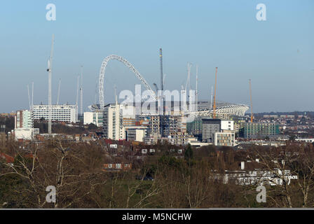 General view of Wembley Stadium as seen from the fourth green of Horsenden Hill Golf Course, London. Some parts of the UK are set to feel colder than places in the Arctic Circle as the freezing temperatures continue into the week. Stock Photo