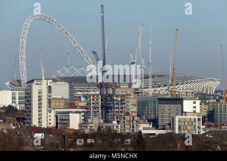 General view of Wembley Stadium as seen from the fourth green of Horsenden Hill Golf Course, London. Some parts of the UK are set to feel colder than places in the Arctic Circle as the freezing temperatures continue into the week. Stock Photo