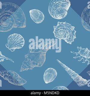Seamless pattern with white and grey seashells on blue background Stock Vector