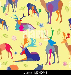 Seamless vector pattern with different color mosaic deers and flowers on yellow background Stock Vector