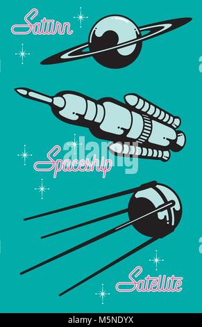 Retro Style Space Race Graphic Design Elements. Set of three vector illustrations of iconic space exploration elements including the planet saturn, a Stock Vector