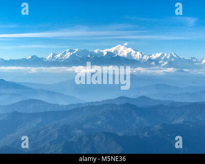 India-Nepal Border.   Mount Kangchenjunga, Third Highest  Mountain in the Himalayas (24,836 feet). Stock Photo