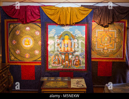 Thimphu, Bhutan.  A Mandala and Thangka on Display in a Handicraft Center. Stock Photo