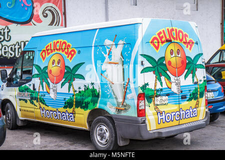 Cancun Mexico,Mexican,Avenida Coba,delivery van,commercial vehicle,painted ad,advertising,Deliciosa,trademark,traditional drink drinks,beverage,Horcha Stock Photo