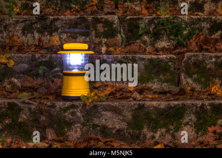 Luminous hand lantern standing on a dilapidated stone stairs covered with grass and dry leaves at night Stock Photo